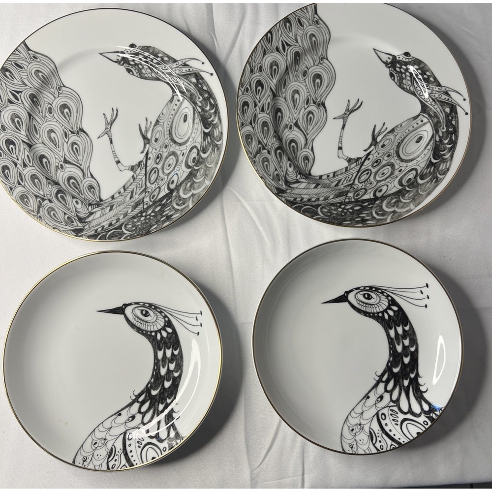 Anthropologie Peacock Dinner Plates Bowls Set 4 Gold Trim Made in Japan